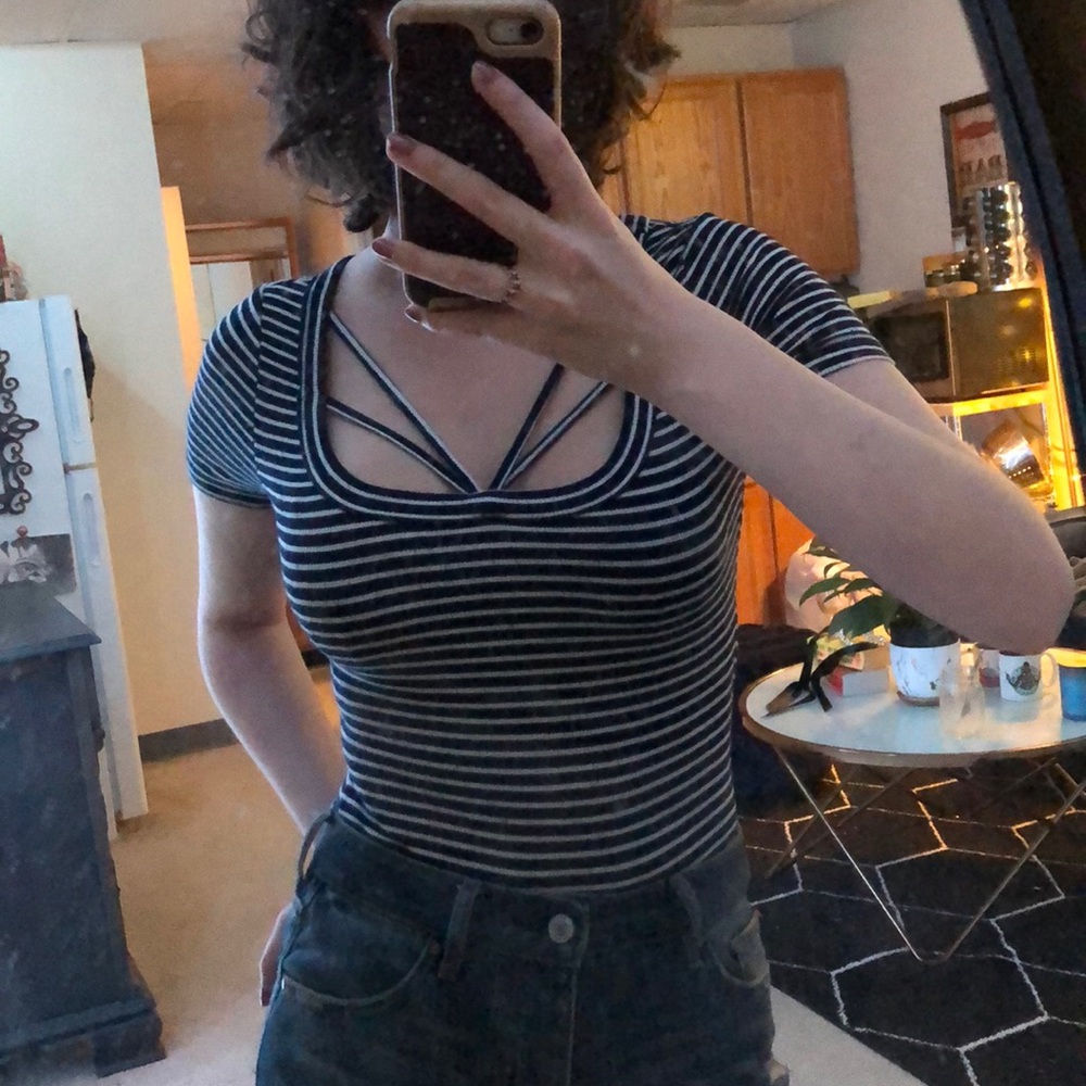 Navy and White Striped Strappy Bodysuit